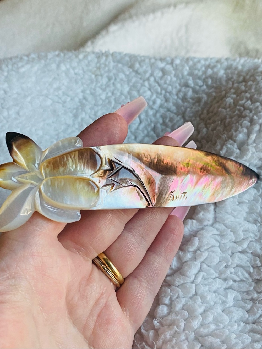 Vintage Mother of Millions Pearl Tahiti Letter Opener 33.49g Plumeria 7” Palm